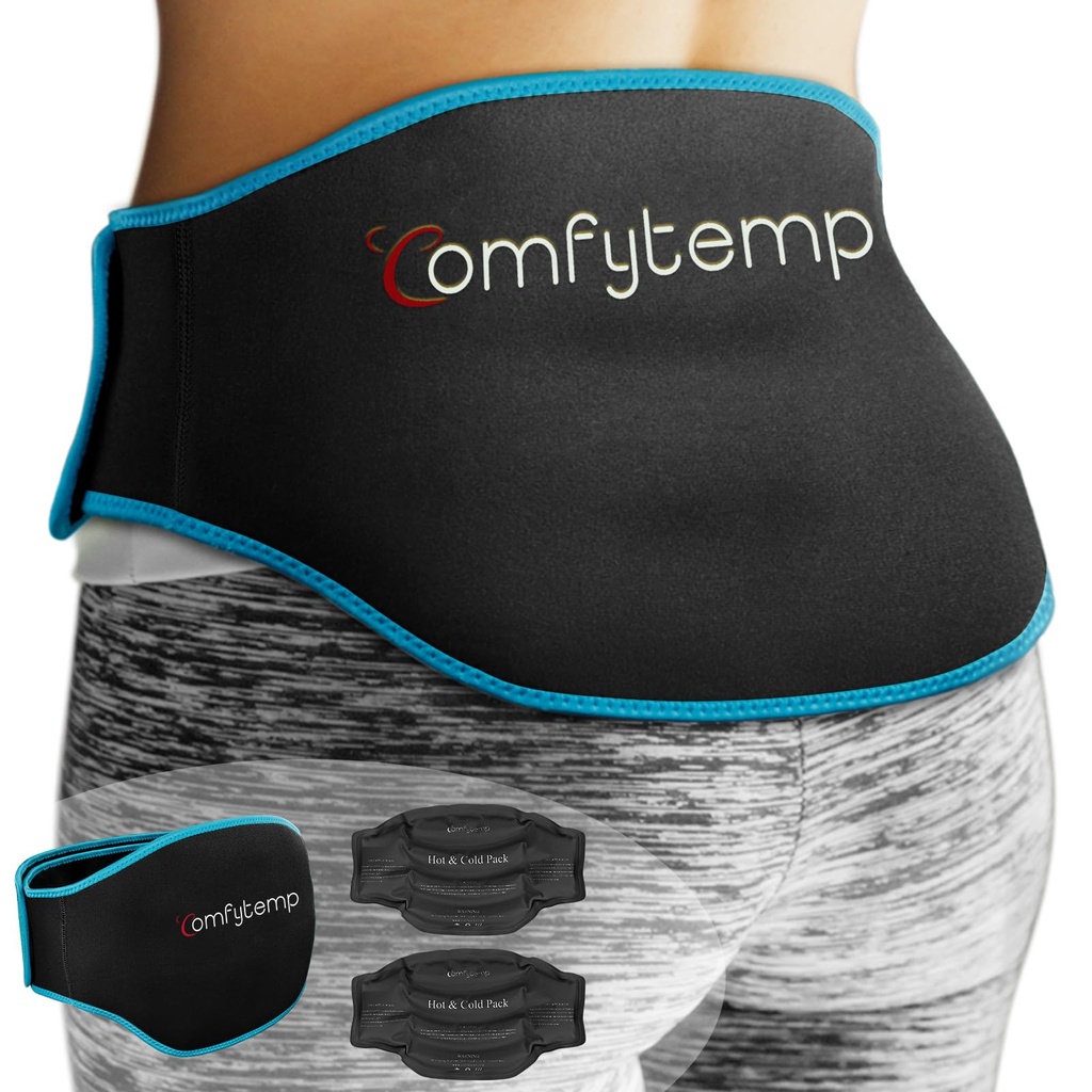Comfytemp Ice Pack for Back Pain Relief, 2 Pcs, Sciatica Ease Brace, Reusable Gel Lower Back Ice Wrap for Injuries, Hot Cold Compress for Lower Lumbar, Waist, Men Women After Surgery (Black)