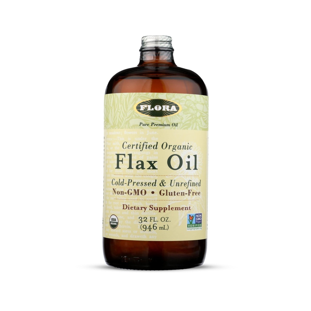 Flora - Flax Oil - Cold-Pressed, Unrefined, Organic Flax Seed Oil - Contains Omega-3 & Omega-6 - Non-GMO & Gluten-Free - Keep Chilled - 32 fl. oz. Amber Glass Bottle
