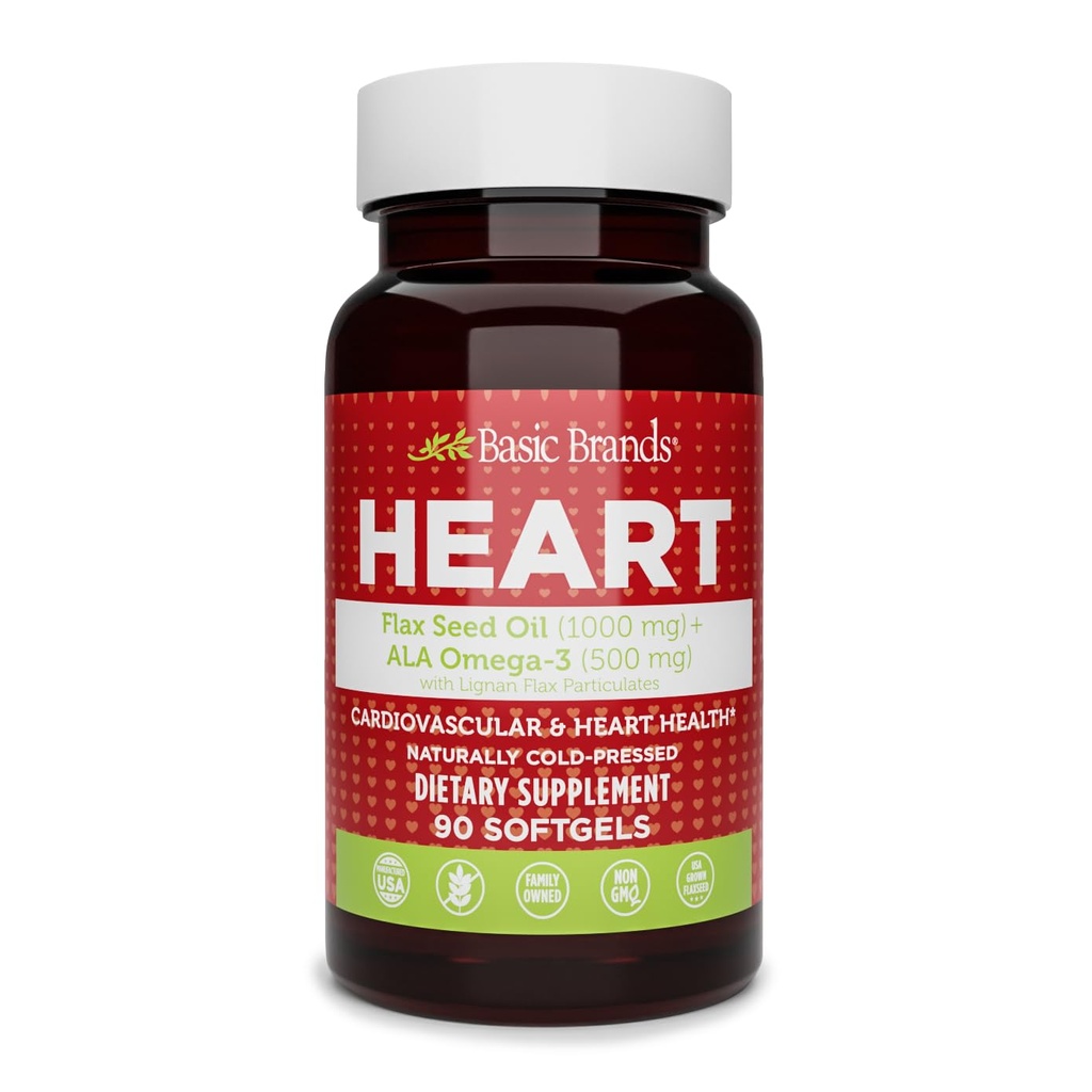Basic Brands Smart Heart Flaxseed Oil 1000 mg with ALA Omega-3 & Lignans – Cold Pressed, Plant-Based Omega 3 for Heart, Brain & Skin Support – Non-GMO, 90 Softgels