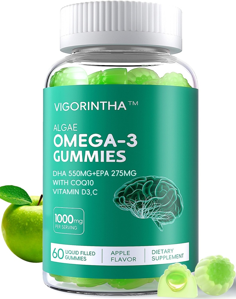 Vegan Omega 3 Gummies 1000mg with Coq 10, Vitamin D3,E,C,Omega 3 Fish Oil Alternative for Adults, Plant Based DHA 550mg & EPA 275mg for Brain, Mobility, Eye, Sugar Free, 60 Count