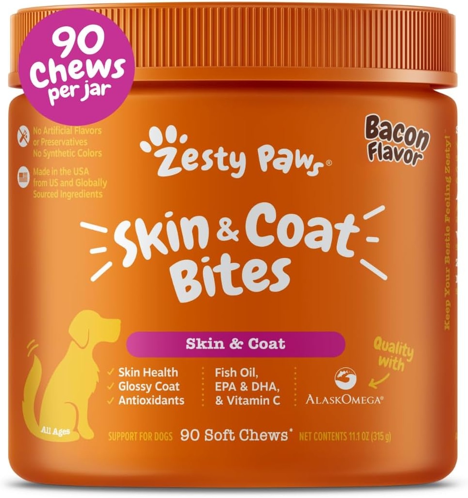 Zesty Paws Omega 3 Huile de poisson pour chiens - Zesty Paw Vitamines et suppléments pour la hanche, l'articulation et la peau, bacon (90 Chews)