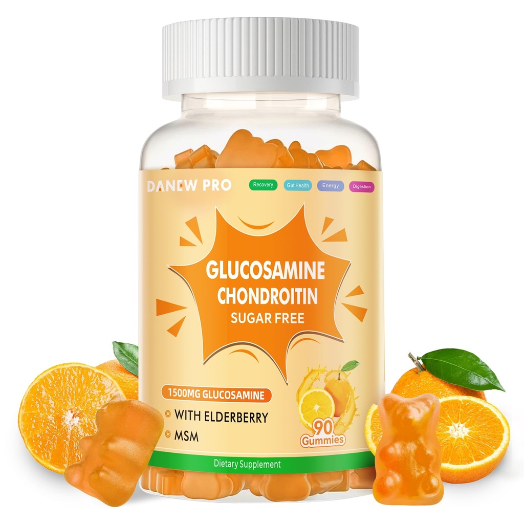 DANEW Pro Glucosamine Chondroitin Gummies with MSM & Elderberry Extra Strength - Joint Support, Antioxidant Immune Support Supplement for Adults, Men & Women.90 Orange Gummies
