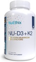 NuEthix formulas NU-D3 + K2 - D3 vitamīns un K2 5000 iu piedevas - iepakotas ar Reishi Sēnes, Magnijs, & Cinks - 60ct, 60 Servējumi - Ražots tikai ASV