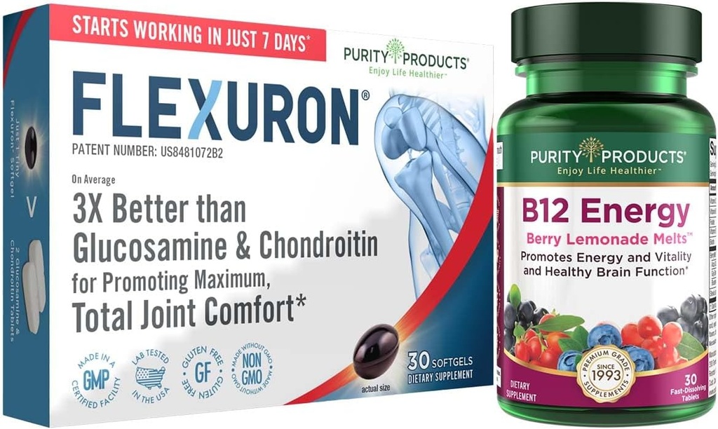 纯度产品 Flexuron 联合公式 + B-12 能量熔融 Flexuron(Krill Oil,低分子重量 Hyaluronic酸, Astaxanthin) - B12 能量熔融(Methylcobalamin B12,维生素D3,Biotin + More)