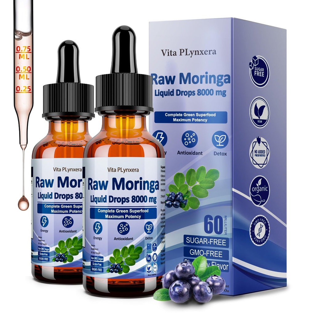 2 Pack Raw Moringa Liquid Drops 8000 mg, Organic Moringa Oleifera Leaf Extract w. Supergreens Wheatgrass, Barley Grass for Antioxidant, Energy & Immune, High Potency Than Capsules Powder