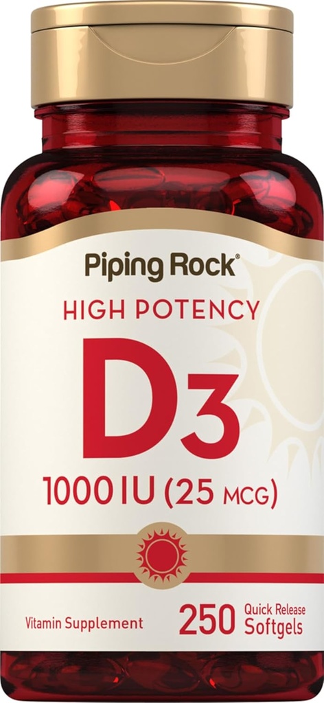 Piping Rock Vitamin D3 1000IU | Yüksek Potency (25 mcg) | 250 Softgels | Non-GMO, Gluten Free Supplement Supplement Supplement