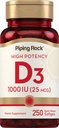 Piping Rock Vitamin D3 1000IU tención High Potency (25 mcg) Silencio 250 Softgels Silencio No GMO, Gluten Suplemento Gratis