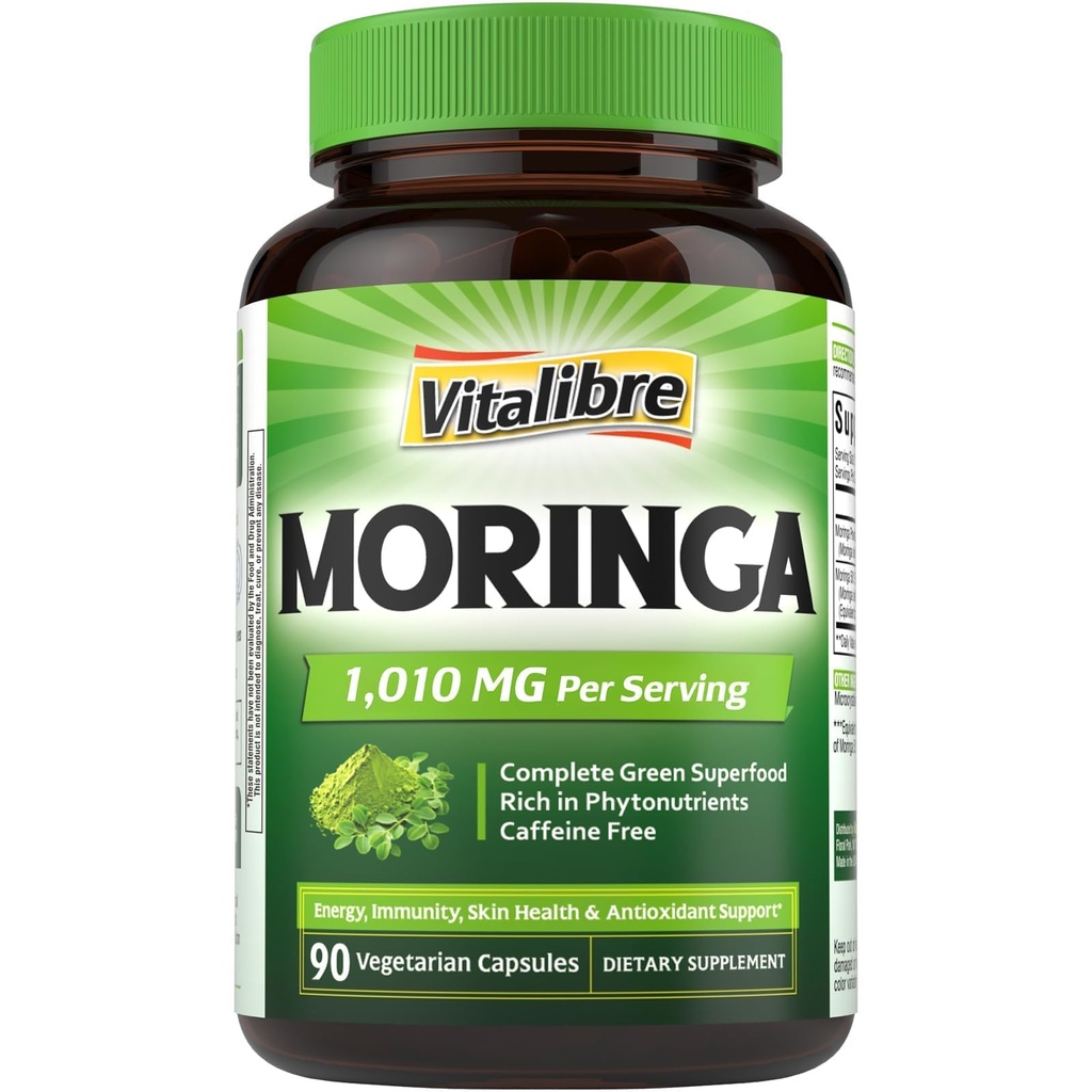 Vitalibre Moringa 1,010 mg, Maximum Potency, Complete Green Superfood, Rich in Antioxidants, No Gluten & Caffeine, Non-GMO, Energy, Immune, Gut & Skin Health, 90 Vegan Capsules