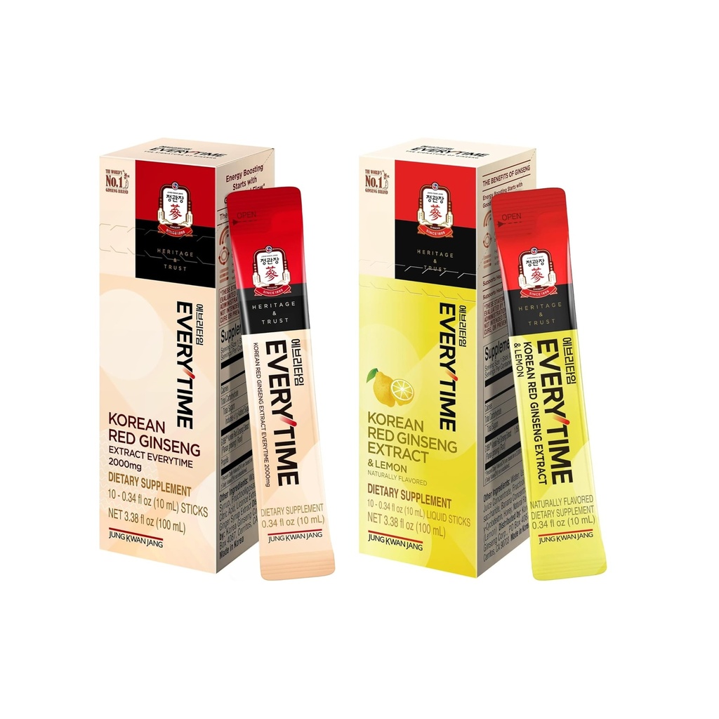 JUNG KWAN JANG Everytime Korean Red Ginseng Liquid Stick Bundle - 2,000mg Red Ginseng Extract with Propolis + 1,050mg Red Ginseng & Lemon - Caffeine-Free (20 Sticks Total)