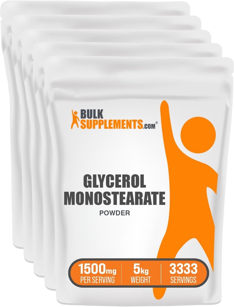 BulkSupplements.com Poudre monostéarate de glycérol - Poudre de glycérol, supplément de glycérol, source d'énergie - grade alimentaire, sans gluten, 1500mg par portion, 5kg (11lb) (paquet de 5)