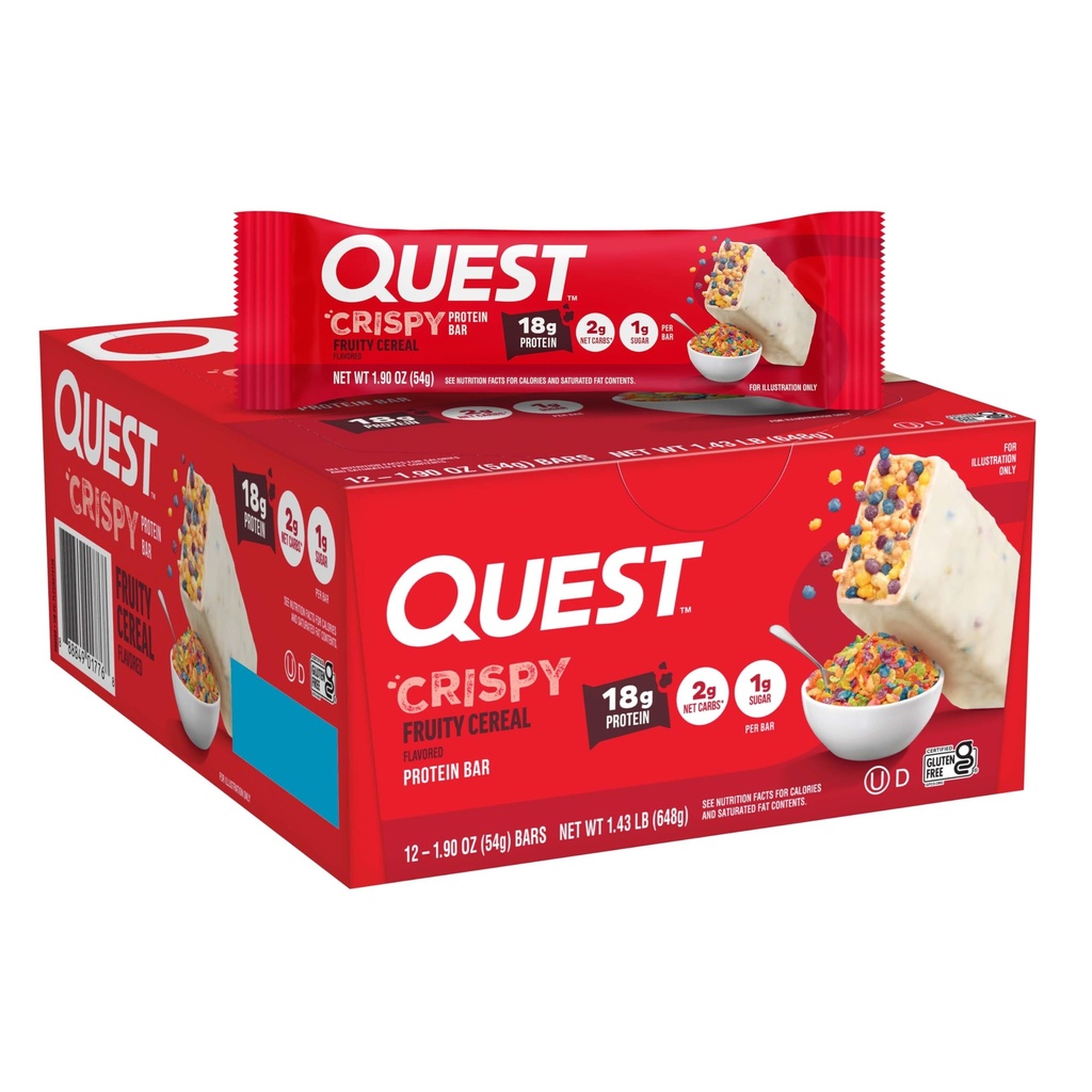 Quest Nutrition Crispy Protein Bar, Fruity Cereal Flavor, 18g Protein, 1g Sugar, 2g Net Carbs, Low Sugar, 12 Count