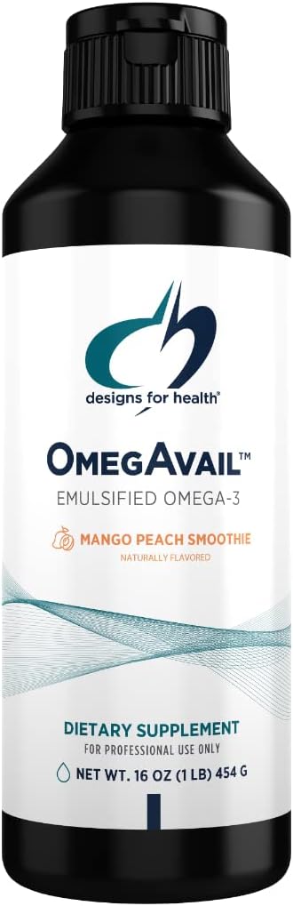 Osasunerako Diseinuak OmegAvail Smoothie - Omega 3 TG Triglyceride Fish Oil Emulsion DHA + EPA - Cardiovascular + Brain Support, Mango Peach Flavor (43 zerbitzatu / 16oz)