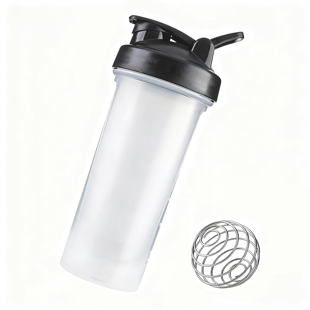 Shaker Bottle, Protein Mixer Bottle, Sports Shaker Bottle with Wire Whisk Great for Protein Shakes and Pre-Workout, 32 oz, Clear/Black