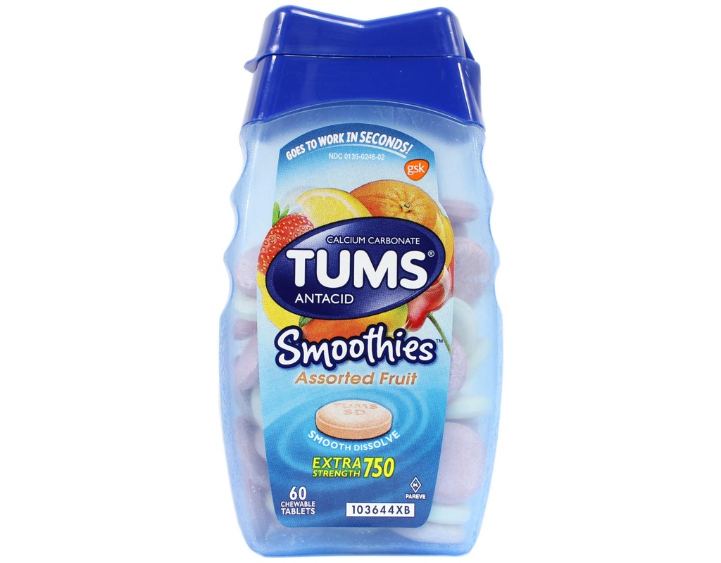 TUMS Smoothies Assorted Fruit, 60 Tablets