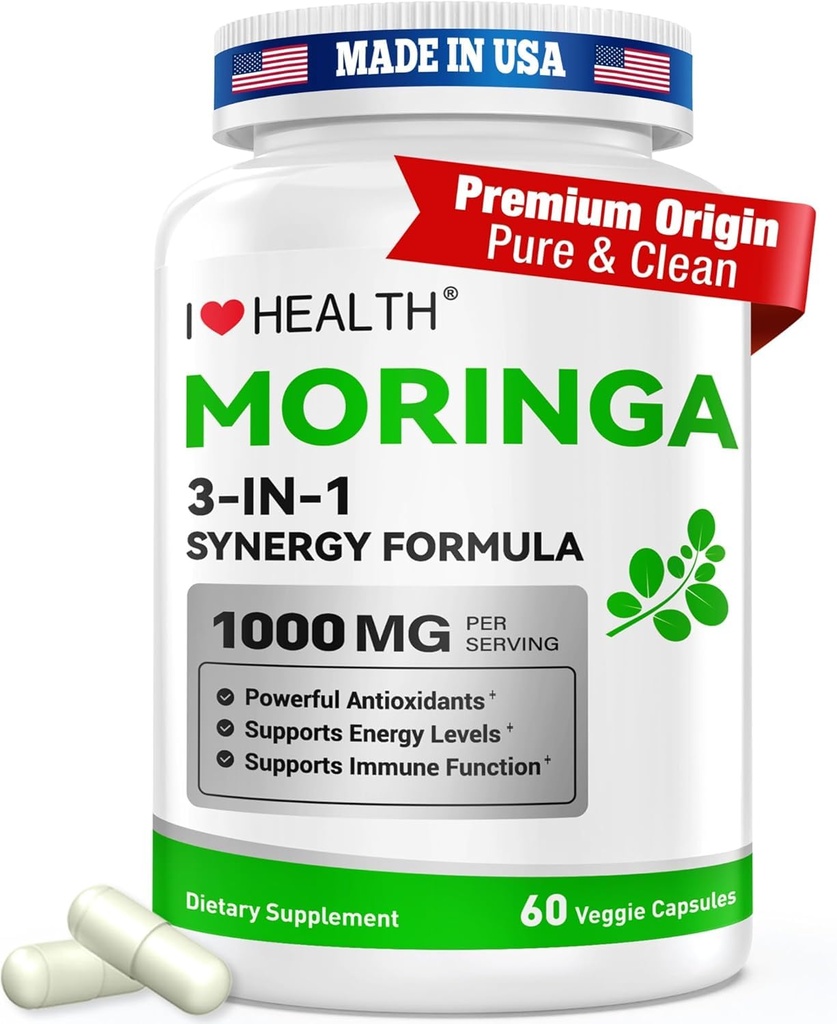 Moringa Capsules 1000mg – High Potency 10:1 Leaf Extract – Energy, Sleep, Immune & Gut Health Support – Vegan, Non-GMO – 60 Veg Capsules, Made in USA, 1 Pack