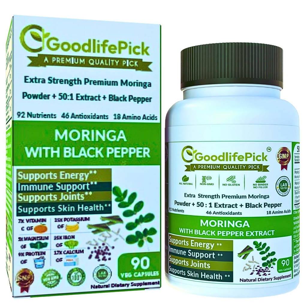 Premium Moringa Capsules with Black Pepper. Moringa Oleifera Powder & 50:1 Moringa Extract for Maximum Benefits 90ct All Natural NonGMO No Rice Powder No Stearate No Silicon Vegan