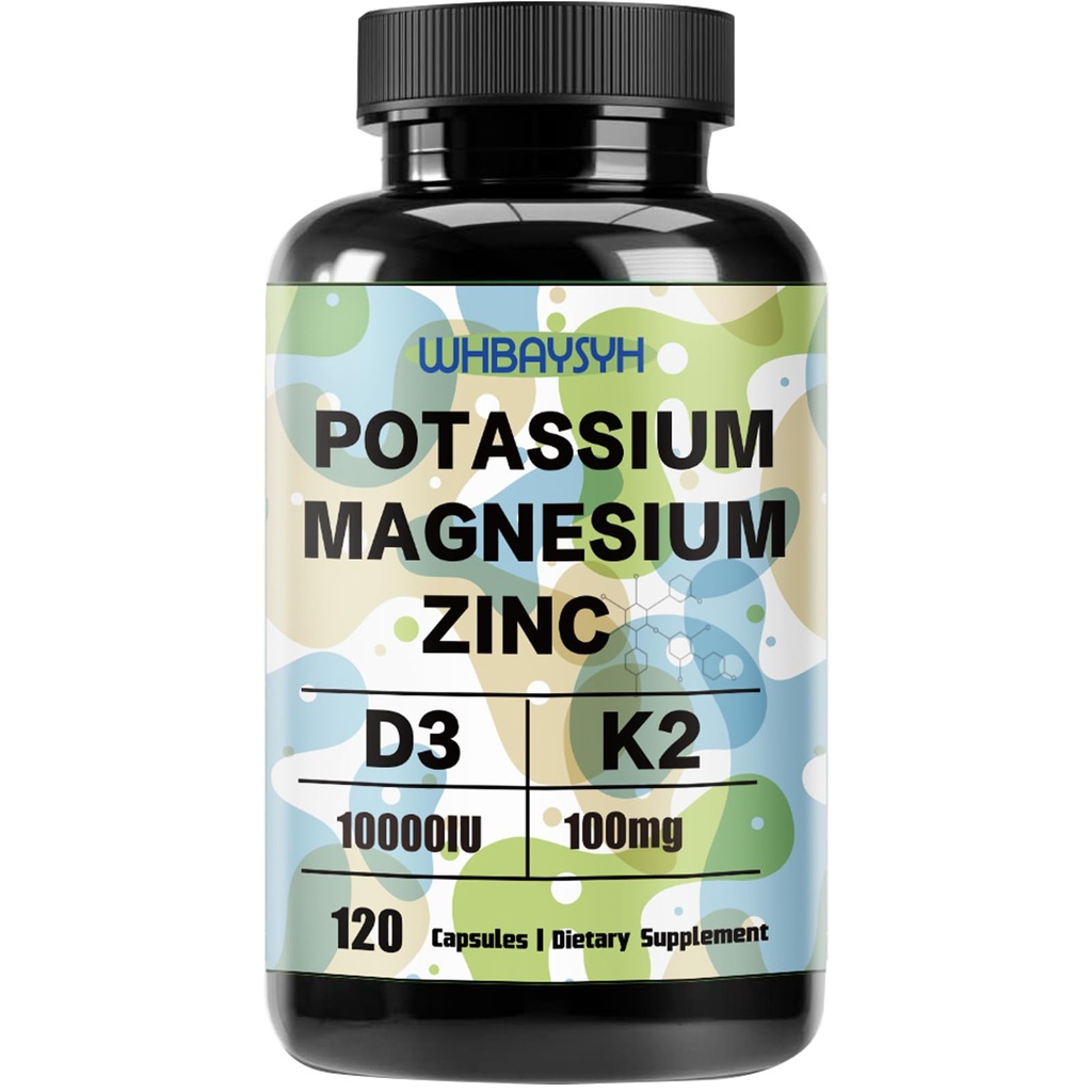 Potassium Magnesium Supplement,Potassium Magnesium Zinc with Vitamin D3 &K2,High Strength Electrolyte Balance,Support Energy,Vegan,Non-GMO,120 Veg Capsules(Pack of 1)