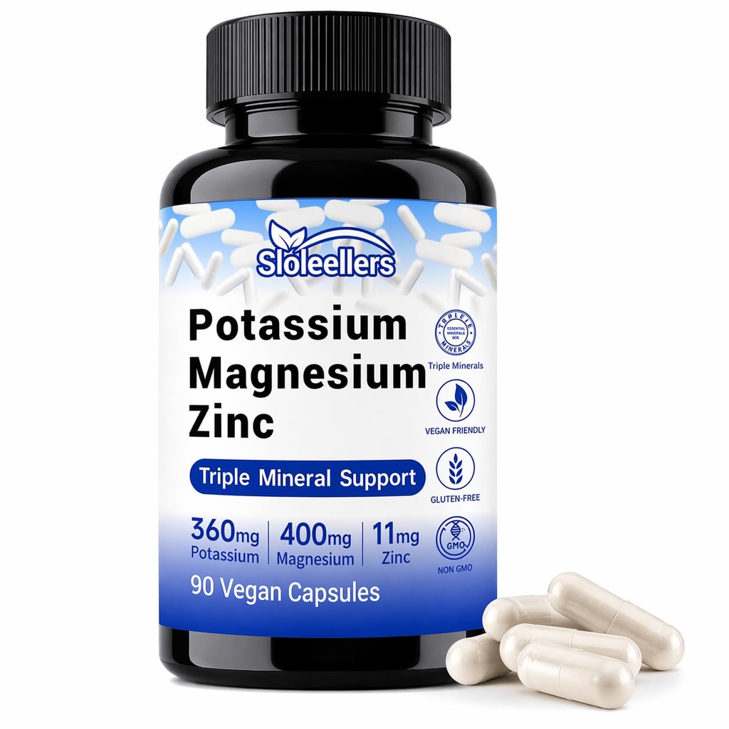 Potassium Magnesium Supplement with Zinc, 1000mg Potassium Citrate, 400mg Magnesium, Supports Muscle & Nerve Health, Vegan, Non-GMO, 90 Capsules