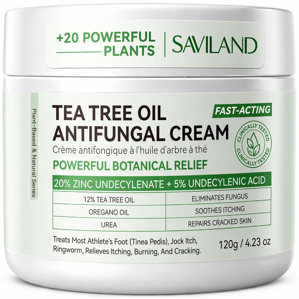 SAVILAND Antifungal Cream FSA-HSA Max Strength: 25% Undecylenic Acid Anti Fungal Cream for Skin Athletes Foot Jock Itch Ringworm Foot Fungus Treatment Comfort with Tea Tree & Oregano Oil 4.23 oz