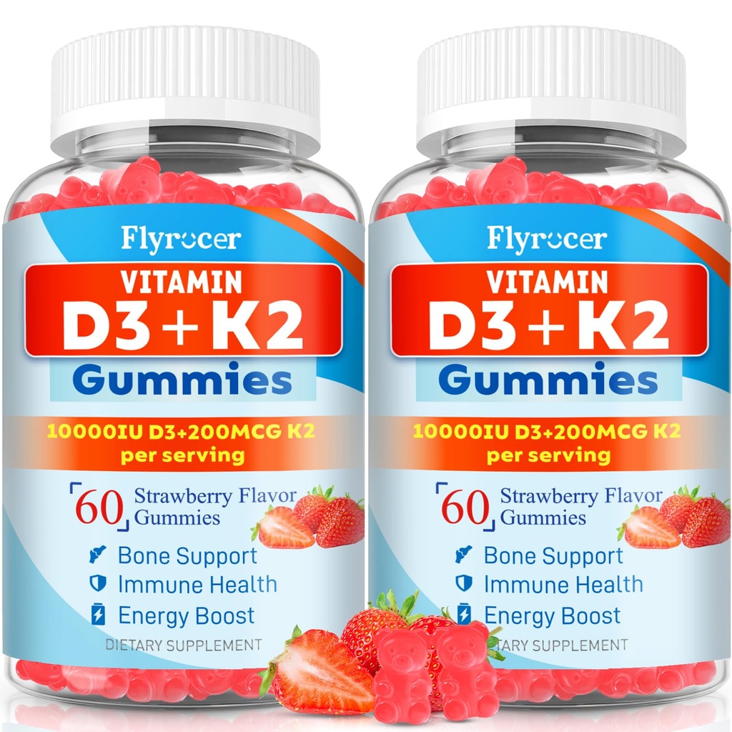 Sugar Free Vitamin D3 K2 Gummies - Vitamin D Gummies with VD3, VK2, 7 Essential Vitamins - Supports Bone, Muscle, Teeth & Immune - Vegan, Non-GMO, Strawberry Flavor, 120 Count