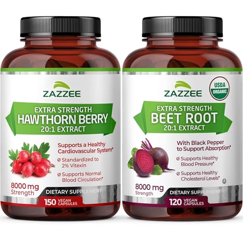 Zazzee Herbal B Pressure Support Bundle | 20:1 Organic Beet Root Capsules & 20:1 Extra Strength Hawthorn Berry Capsules | Non-GMO Vegan & ISO Lab Tested