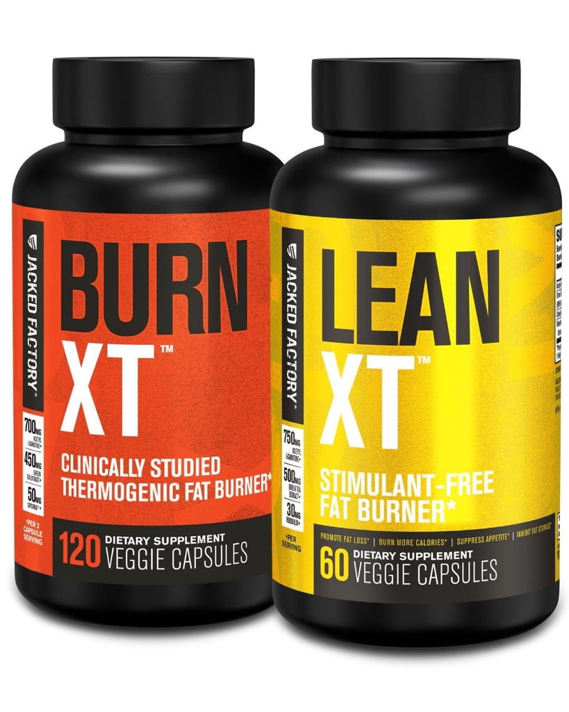 Jacked Factory Burn-XT Clinically Studied Fat Burner & Weight Loss Supplement - Appetite Suppressant & Energy Booster (120 Capsules) & Lean-XT Caffeine-Free Fat Burner (60 Capsules)