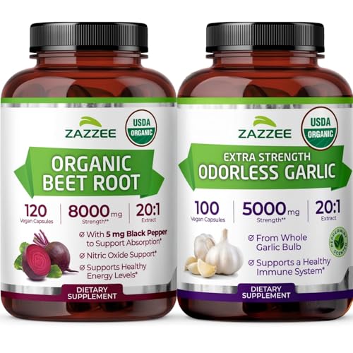 Zazzee Herbal B Pressure Support Bundle | 20:1 USDA Organic Garlic Capsules Plus 20:1 Organic Beet Root Capsules | Non-GMO Vegan & ISO Lab Tested
