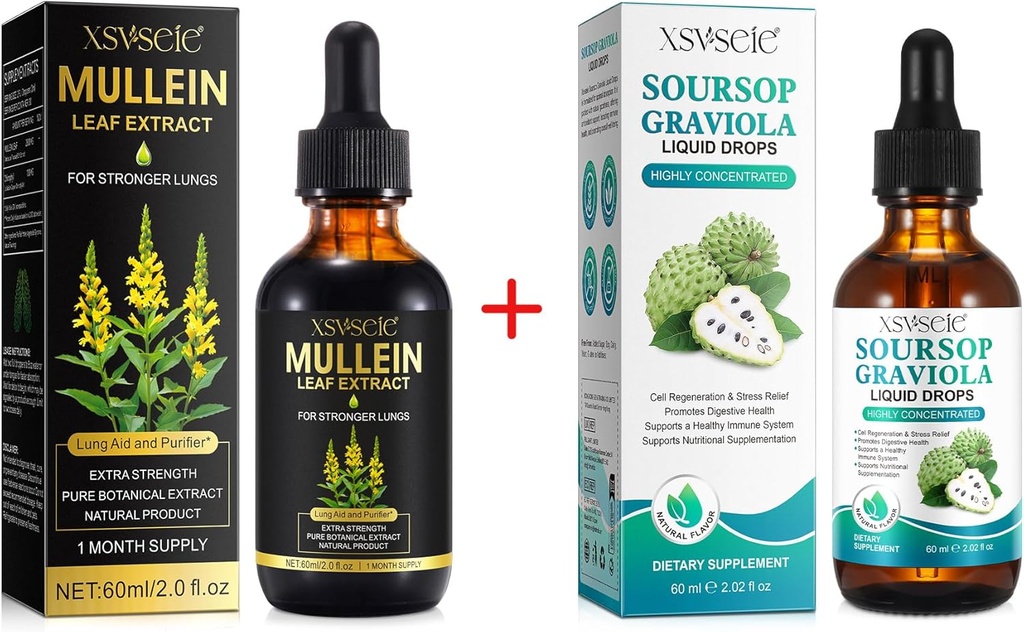 Mullein Drops for Lungs Cleans and Soursop Bitters Liquid, Mullein Leaf Extract Tinktura s chlorofylem, Soursop Multivitamin Drops, přírodní bylinný dodatek pro muže a ženy