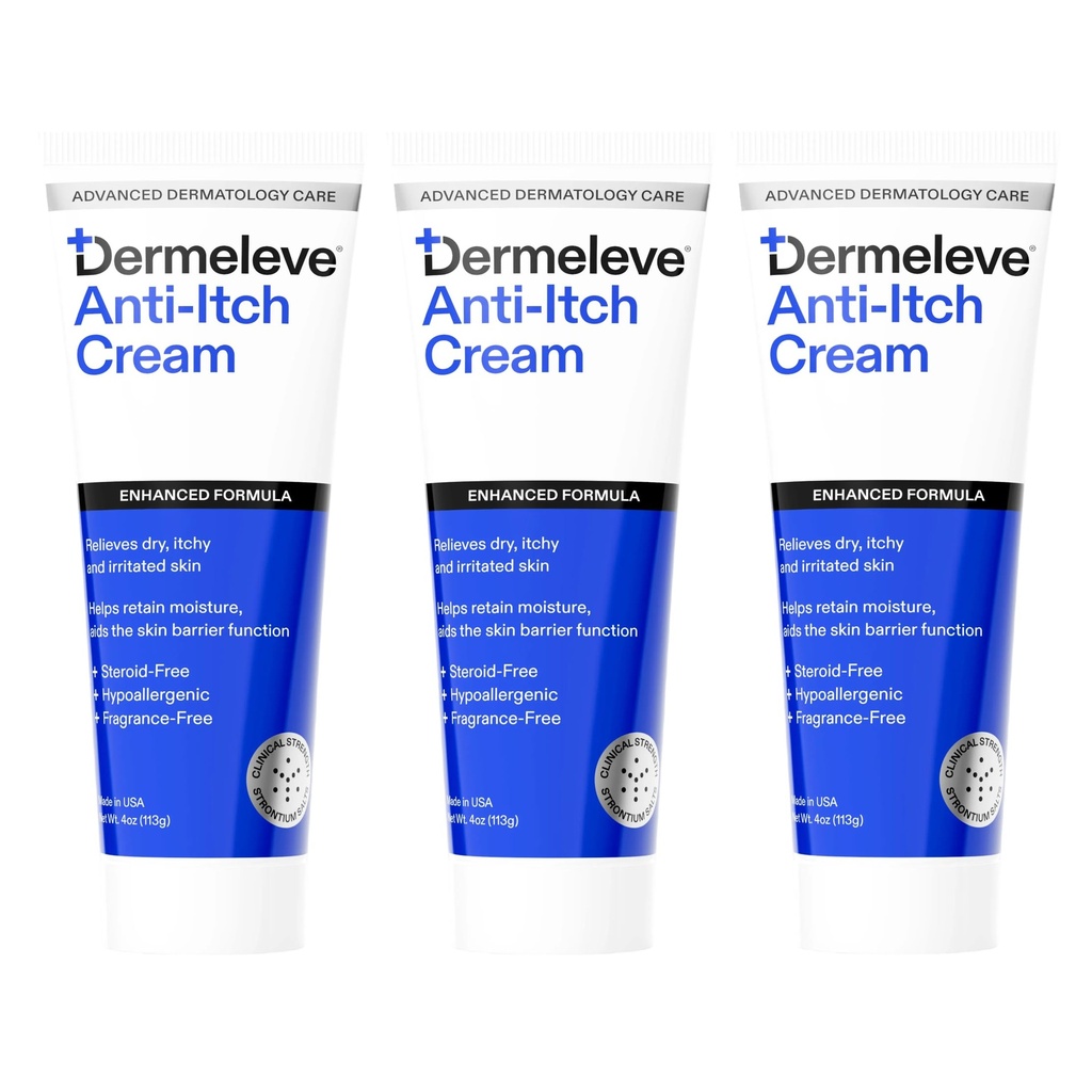 Dermeleve Dermatologist Recommended Steroid Free Anti-Itch Cream - Extra Strength, Safe, Full Body Itch Relief | 4 oz (3 Pack)