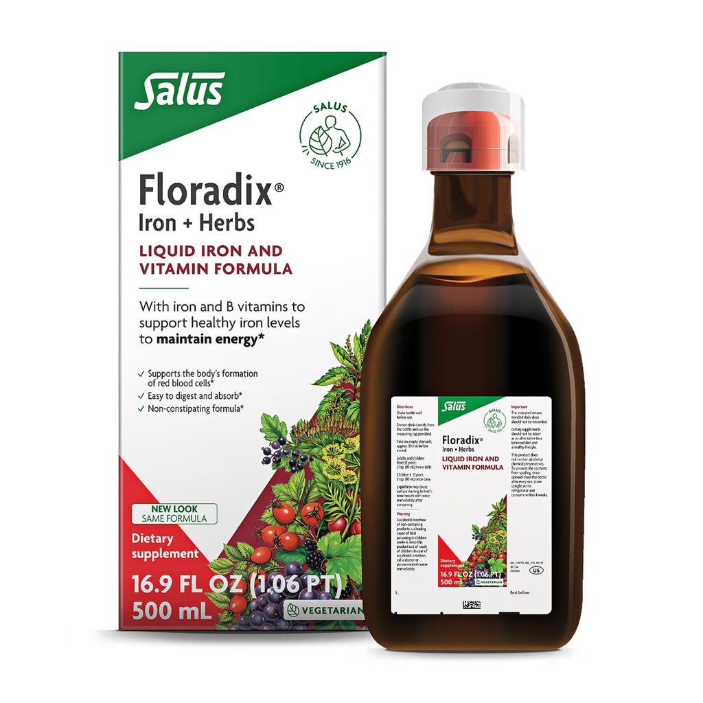 Floradix Iron & Herbs - Liquid Herbal Supplement for Energy Support - Iron Supplement with Vitamin C & Vitamin B Complex - Ferrous Gluconate Iron - for Men & Women - 16.9 fl oz