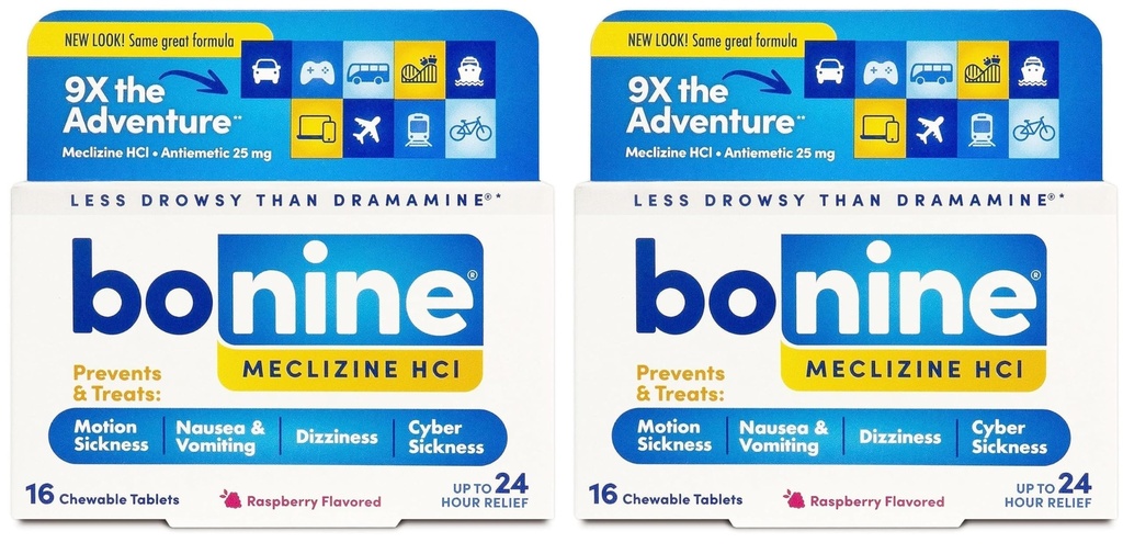 Bonine Non-Drowsy for Motion Sickness Relief, Sea Sickness, Car Sickness, Nausea and Vomiting, with Meclizine Hcl 25mg, Raspberry, Travel-Sized 16ct (Packaging May Vary) (Pack of 2)