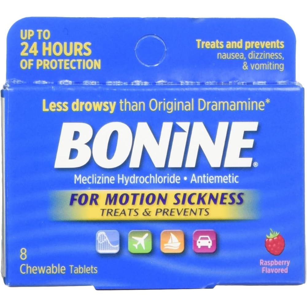 Bonine Motion Sickness Protection, Chewable Tablets, Raspberry - 8 ea, Pack of 2