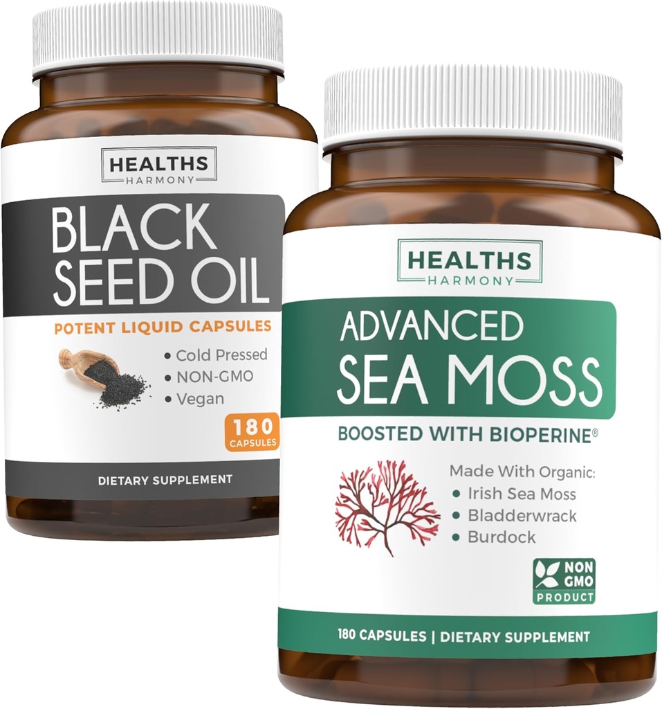 Black Seed Oil & Irish Sea Moss (3- Bulan Suply) - Power Duo Bundle of Black Seed Oil (180 Capsules) Cold- Menekan Nigella Sativa & Irish Laut Moss (180 Capsules) dengan Bioperine dan Bladderwrack