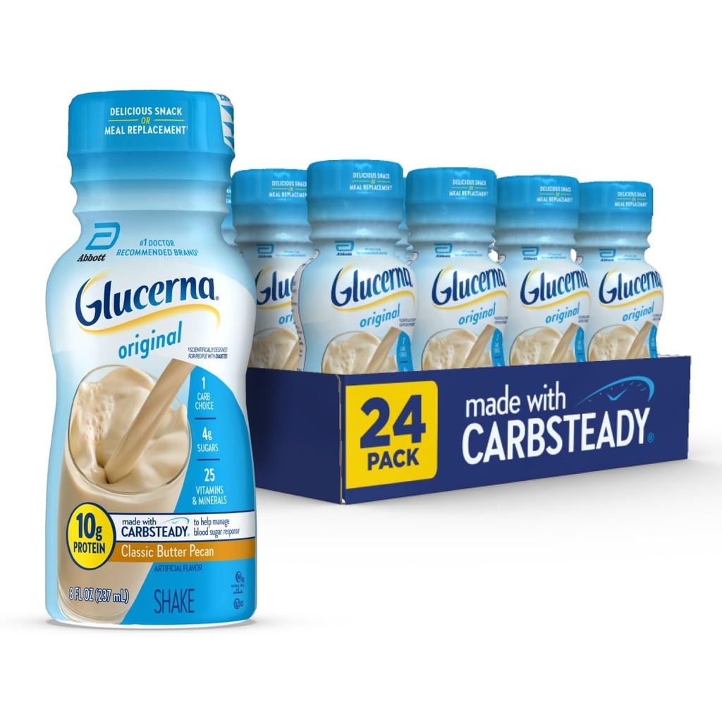 Glucerna Original Diabetes Care Shake, Classic Butter Pecan, Diabetic Meal Replacement to Support Blood Sugar Management, 10g Protein, 180 Calories, Ready to Drink, 8-fl-oz Bottle, 24 Pack