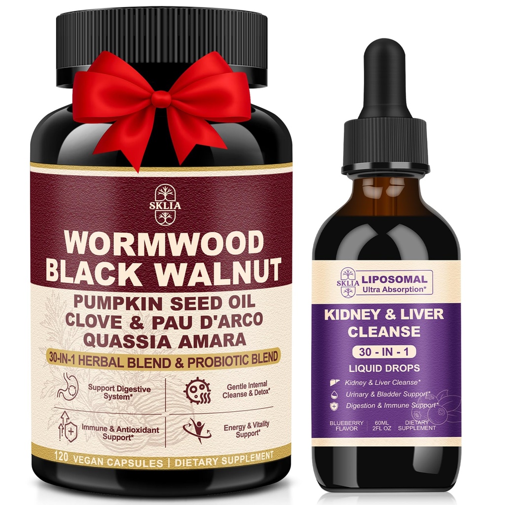 30-in-1 Herbal Gut Cleanse Capsules + Kidney & Liver Support Drops Bundle – Digestive Balance with Wormwood, Black Walnut, Clove, Cranberry, Milk Thistle & Chanca Piedra