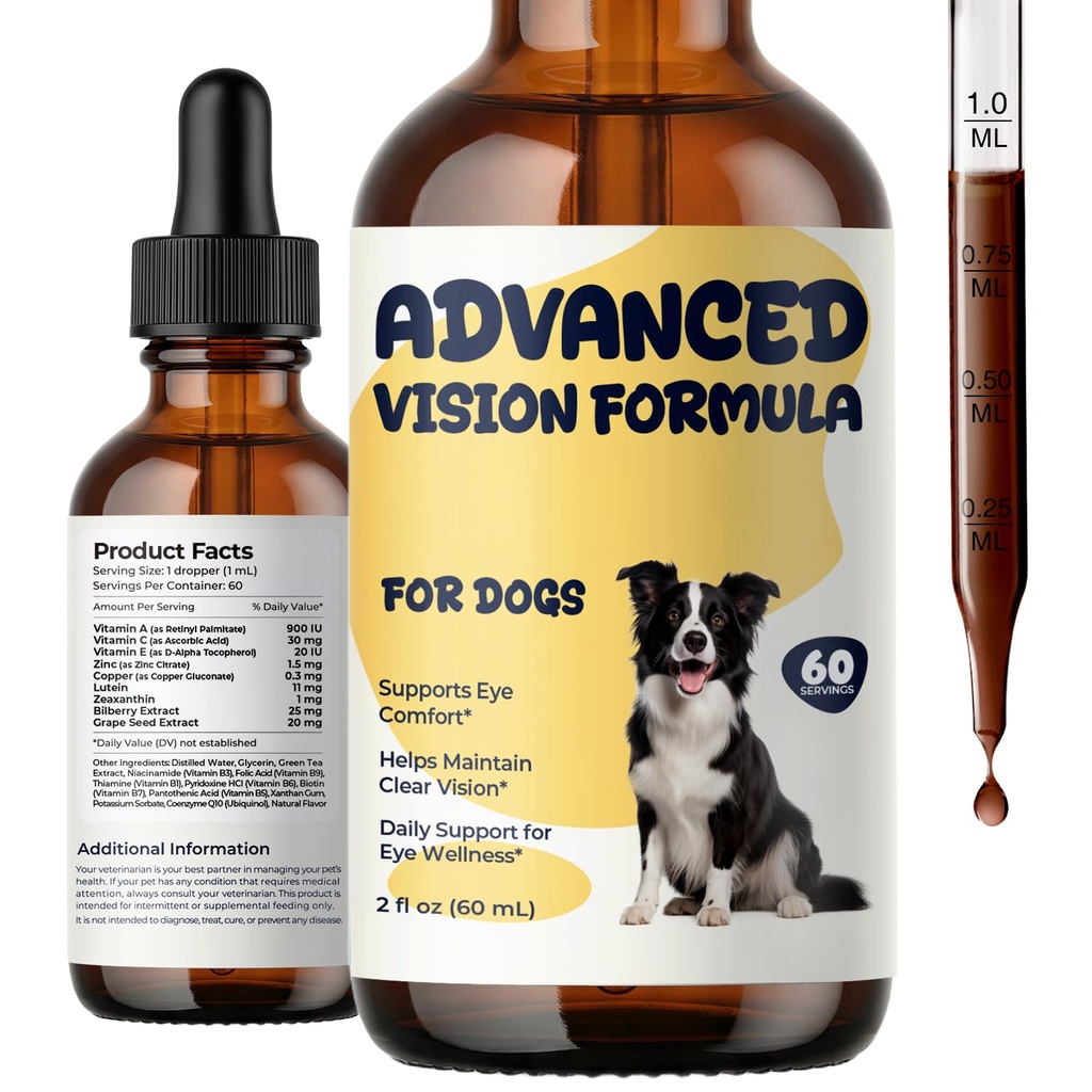Advanced Vision Formula for Dogs, Supports Clear Vision, Daily Eye Comfort Wellness, Liquid Dog Eye Health Supplement with Lutein, Zeaxanthin, Bilberry, Vitamins A C E & Zinc, 2 fl oz
