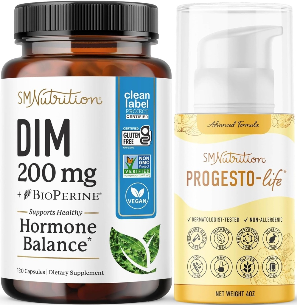 SMNutrition Progesto-Life Cream with 200mg DIM Supplement | Dermatologist-Tested Progesto-Life Cream for Women (96 Servings) with Diindolylmethane Capsules (120 Servings)