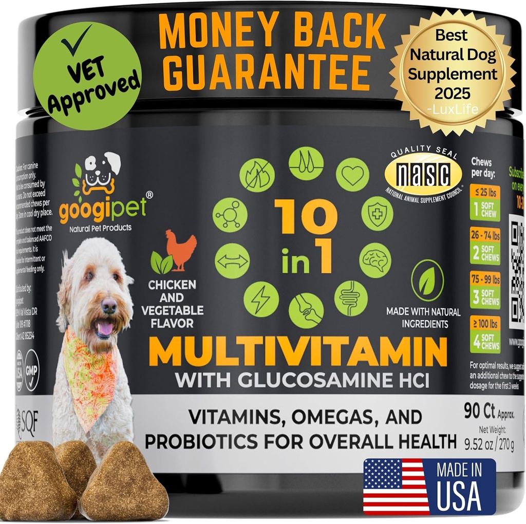 Googipet Premium 10 in 1 Koiran vitamiineja Multivitamiini purut probiootit Gut Health, koiran vitamiineja ja lisäravinteet w/Vitavan C & Glukosamiini Joint Support (Chicken & Value Flavor)