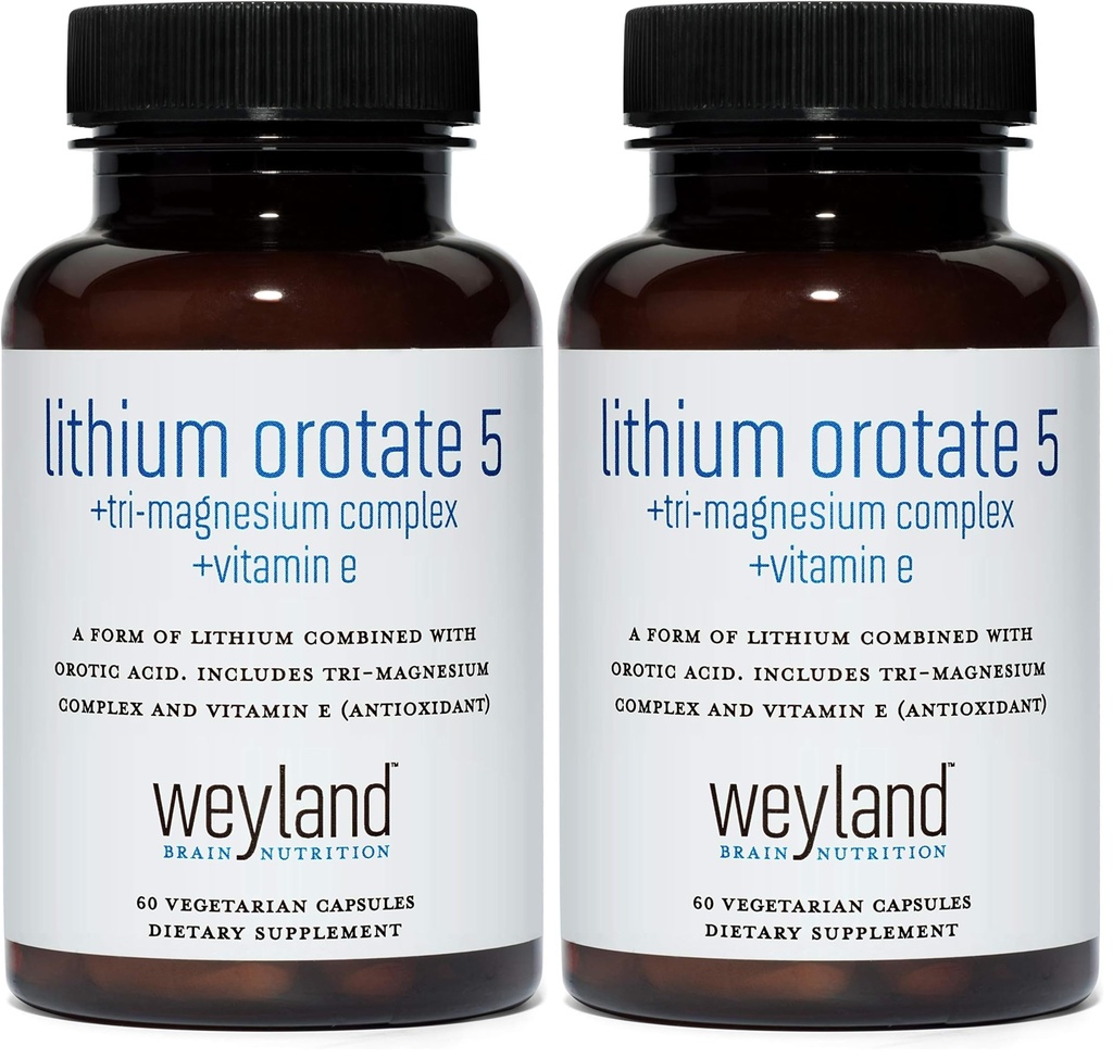 Lithium Orotate 5mg + Tri-Magnesium Threonate, Taurinate, Malate + Glycine + Vitamin E, 60 Vegetarian Capsules (Pack of 2)
