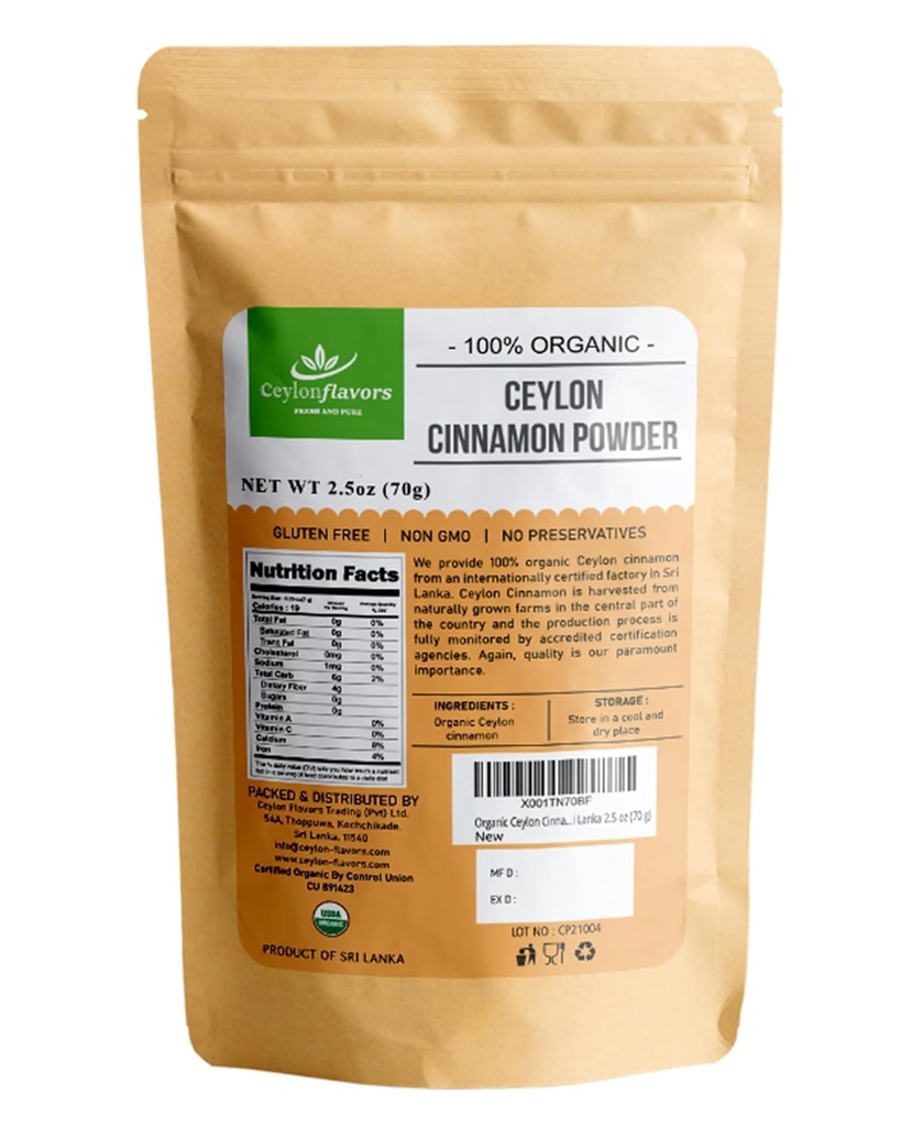 Ceylon Flavors Fresh and Pure USDA Certified Organic Ceylon Cinnamon Powder Premium Grade 2.5oz (70g)