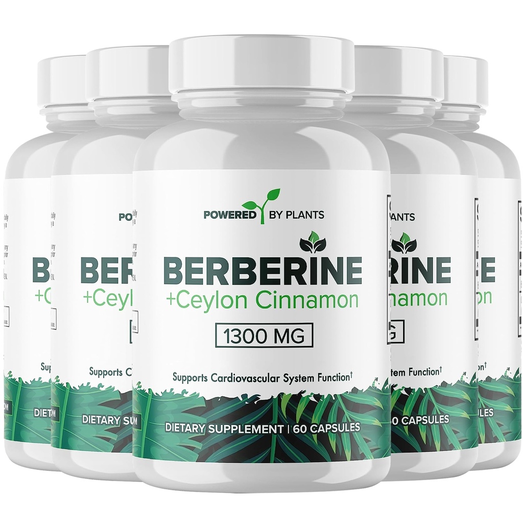 Pure Berberine Supplement - 1300mg Berberine with Ceylon Cinnamon for Metabolism & Immune System Support - 5 Pack, 300 Servings