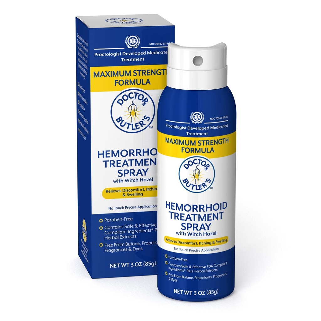 Doctor Butler's Hemorrhoid Spray - Hemorrhoid Treatment and Medicated Cleansing Solution with Witch Hazel and Aloe Vera to Help withDiscomfort, Itch Relief and Swelling* (3oz)