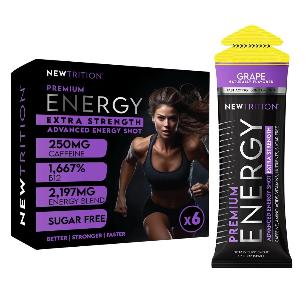 NewTrition® Extra Strength Energy Shots, 1.7 fl oz - 250mg Caffeine with Vitamin B & Amino Acids, Sugar-Free, Zero Calorie Vitamin Energy Drink for Focus & Endurance (Pack of 6, Grape)