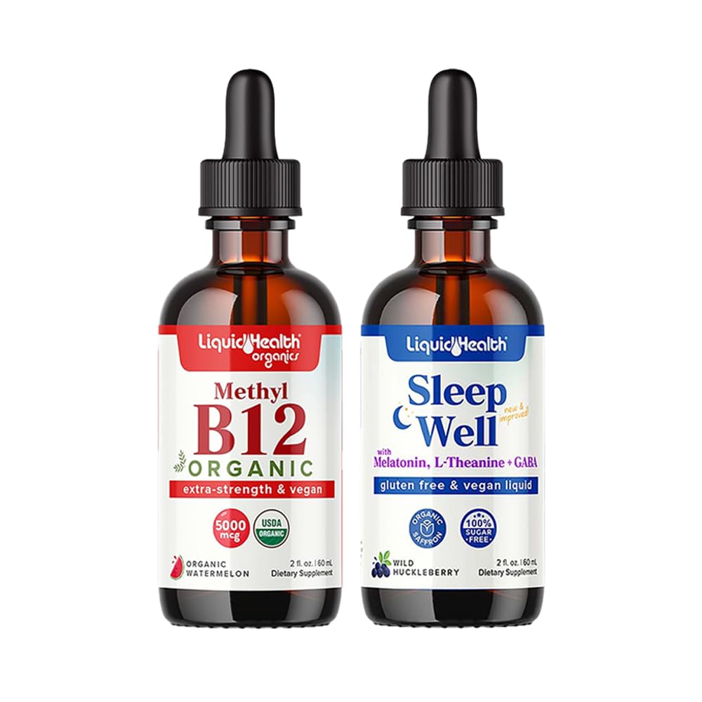 LIQUIDHEALTH Organic Methyl B12 5000mcg Vitamin Drops with Tart Cherry Juice & Sleep Well Melatonin Sleep Aid Drops - Boost Natural Energy, Focus, Concentration, Promote Relaxation, Improve Sleep