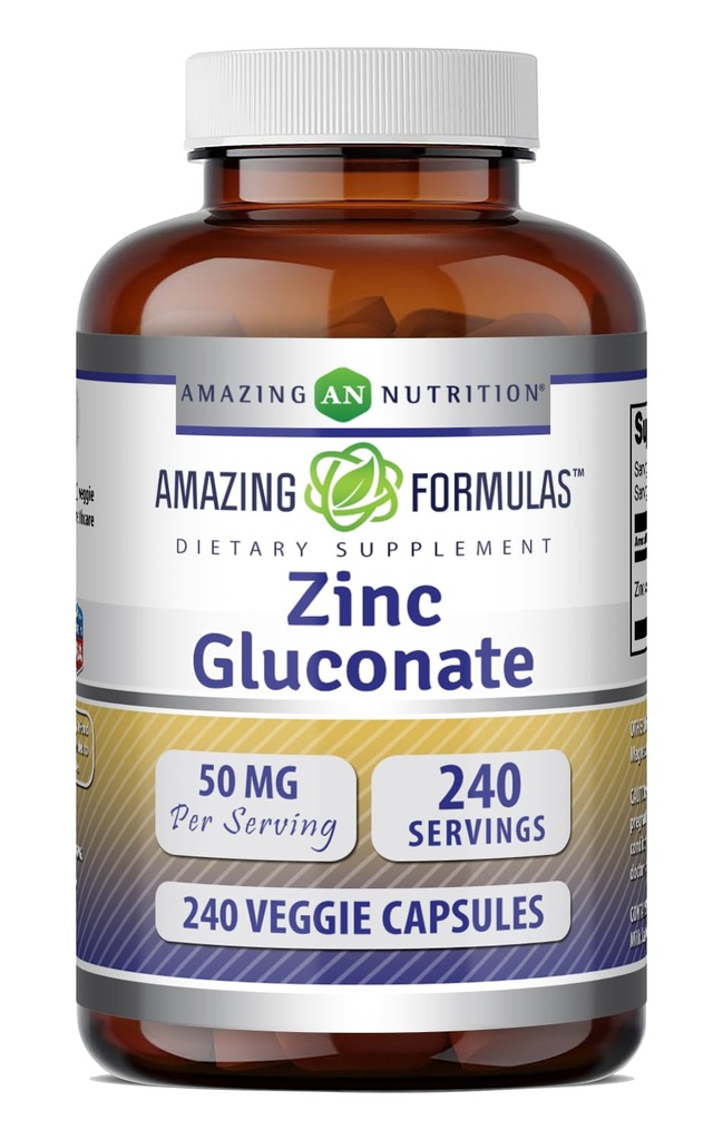 Amazing Formulas Zinc Gluconate | 50 Mg per Serving | 240 Vegetarian Capsules | Mineral Supplement | Non-GMO | Gluten-Free | Made in USA