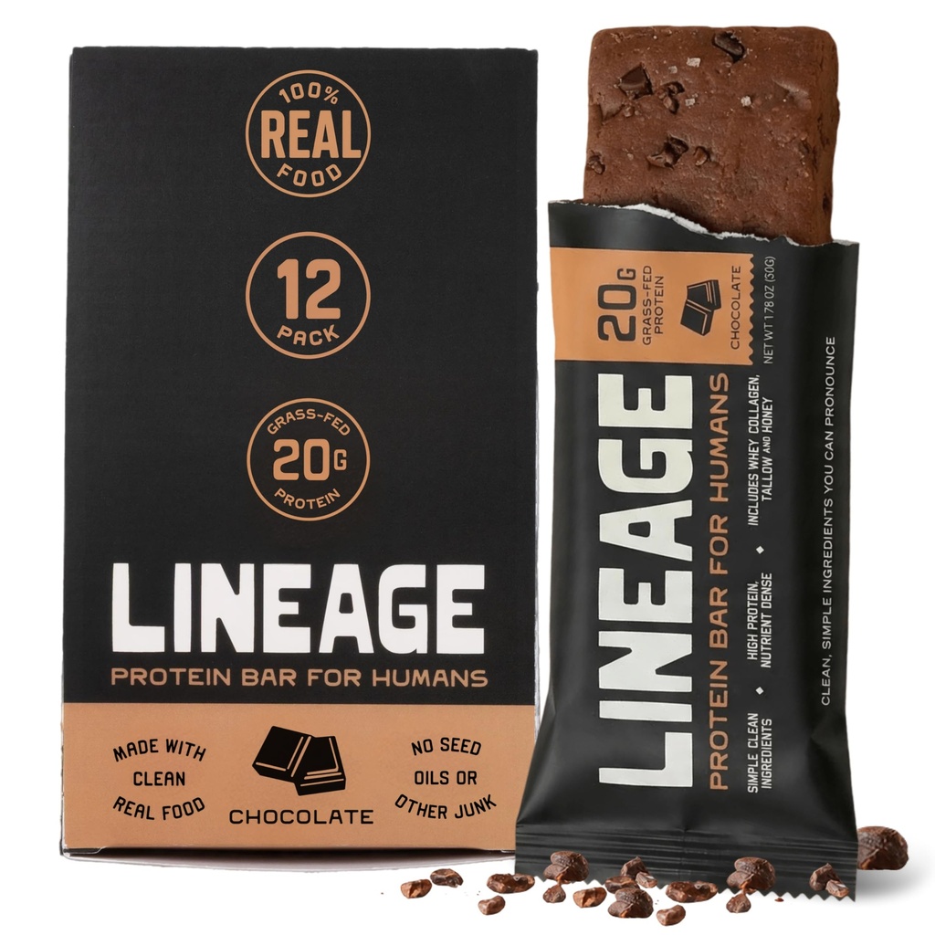 Lineage Provisions Protein Bar - Chocolate - 20g Grass Fed Whey Protein & Collagen - Gluten Free Snacks, No Seed Oils, Nothing Artificial - Sweetened with Raw Honey & Coconut Nectar - 12 Pack