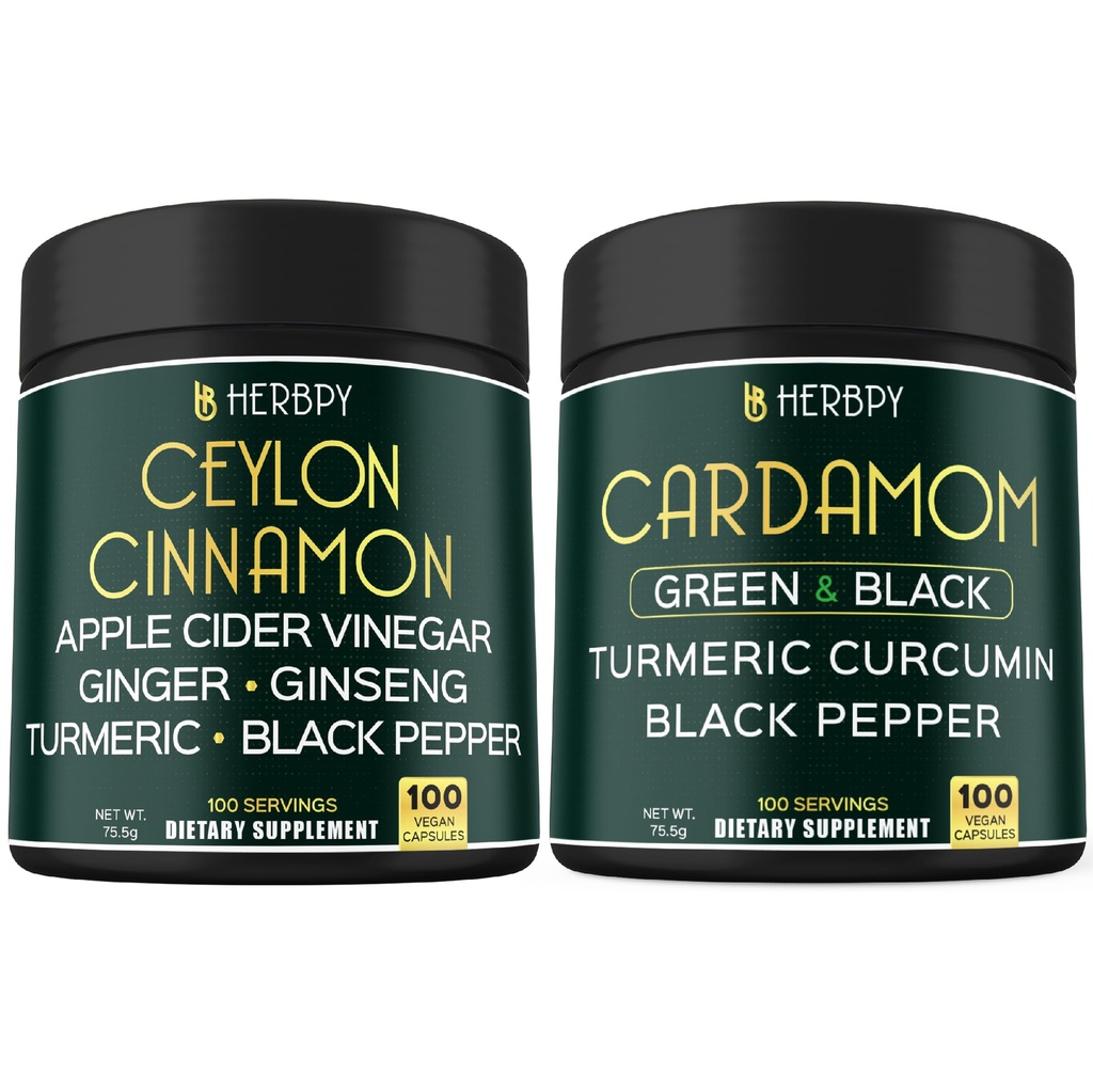 Herbpy Bundle 6in1 Premium Ceylon Cinnamon Capsules 755mg/serving (100 Capsules) & 4in1 Black and Green Cardamom 755mg/serving (100 Capsules)
