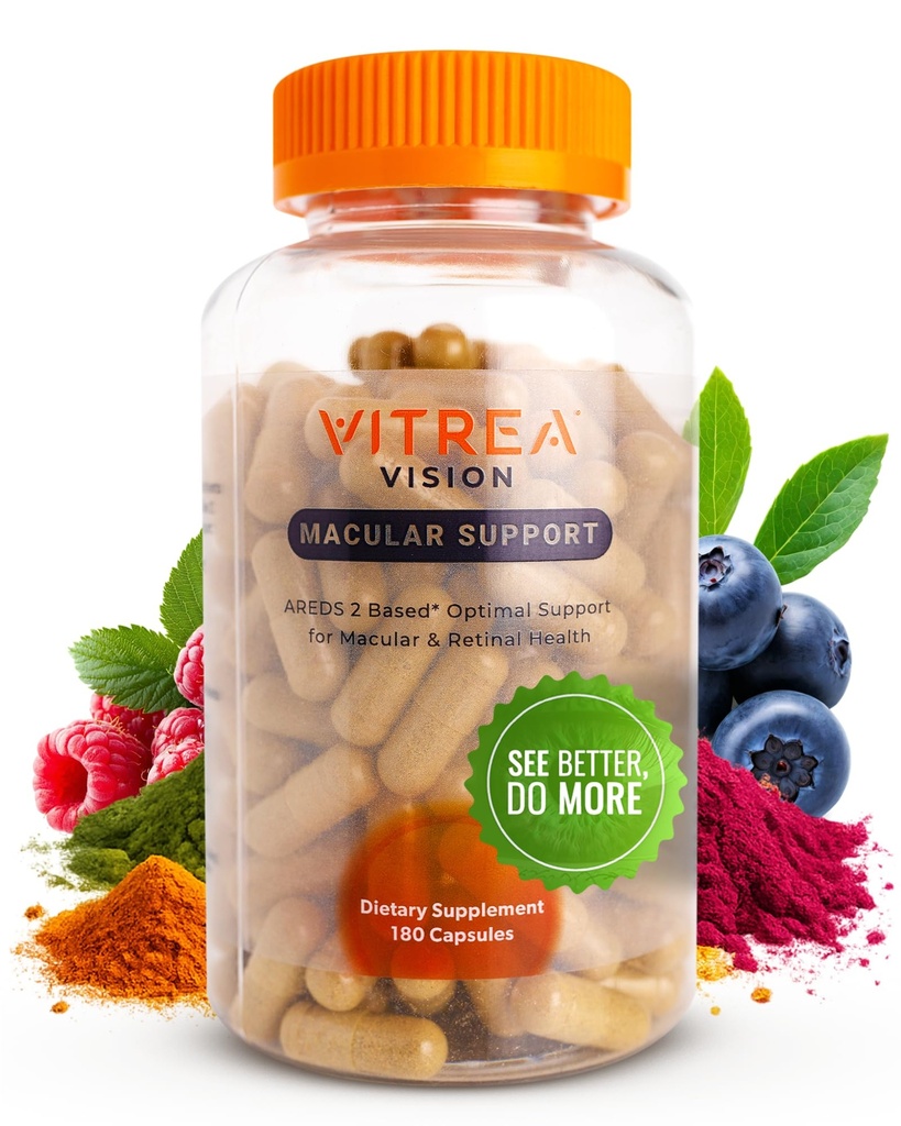 Vitrea Health Vision Macular Support – AREDS2 Eye Supplement with Lutein, Zeaxanthin, Marigold & 13 Nutrients – Helps Protect Against Blue Light – No Dyes or Titanium Dioxide – Retinal Health Support