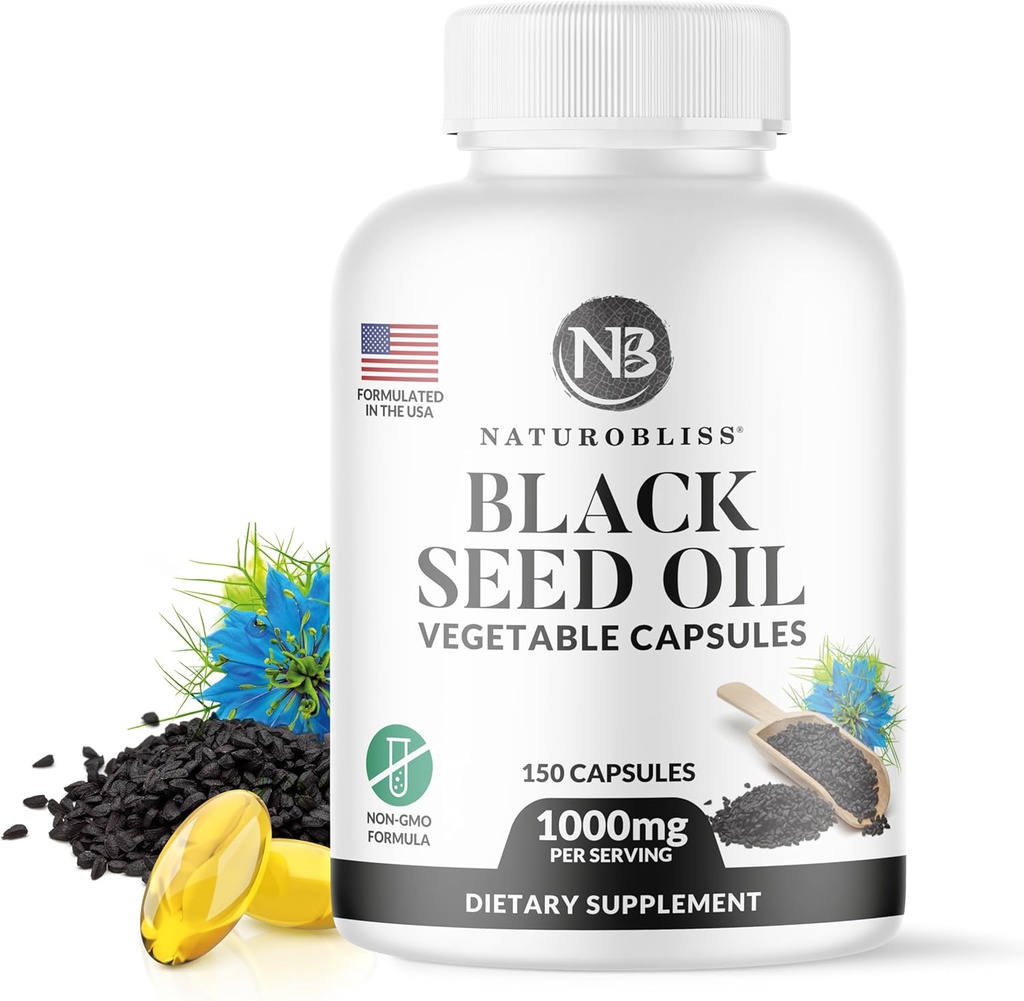 NaturoBlis Black Seied Petroli - 150 Softgel Capules Skin Health (Non-GMO & Vegan) Premium Macum-Presedella Sativa Produïdor Black Cumind - 1000mg Per 2 Capule Serving - 75 viving