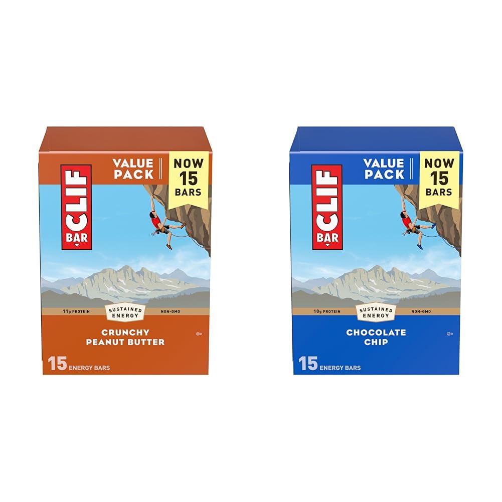 CLIF BAR - Crunchy Peanut Butter + Chocolate Chip - Made with Organic Oats - 11g Protein - Non-GMO - Plant Based - Energy Bars - 2.4 oz. (30 Count)